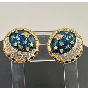 SWAROVSKI Swan Celestial Moon Stars Saturn Pave Crystal Blue Enamel Clip Earring